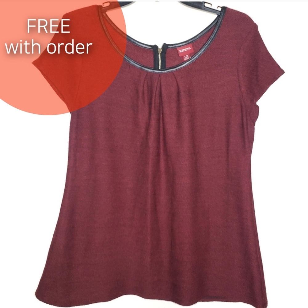 Burgundy red short-sleeve blouse L leather zipper